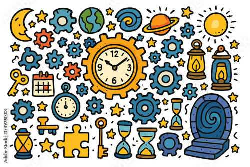 Clockwork Universe Illustration. Clockwork Universe. Colorful Hand-drawn doodle Children illustration Clockwork Universe giant gear, clock face, spinning cogs,