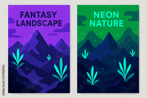 Neon Fantasy Banners. Two vertical A6 banners, flat vector design, neon purple and green backgrounds, surreal fantasy mountains with glowing plants, abstract