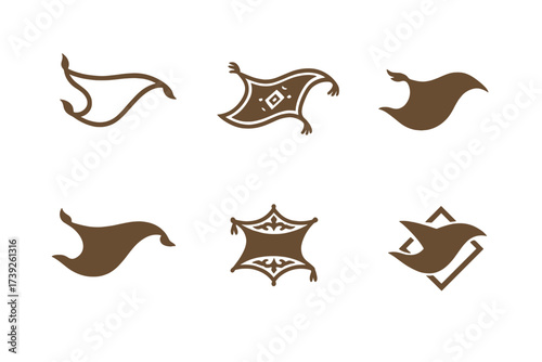 Flying Carpet Logos. flying carpets. Set Logo of flying carpets: soaring textile. harmonious logo variations of the same emblematic concept, each