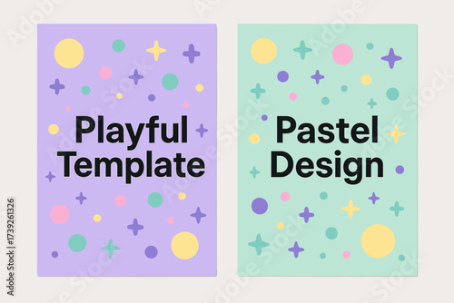 Playful Pastel Banners. Two vertical A6 banners, flat vector design, pastel purple and mint backgrounds, geometric playful dots and stars, light memphis style,