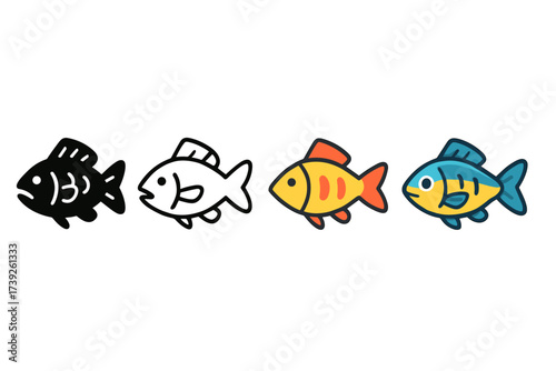Stylized Fish Icons. Vector icon grouper fish same pose same proportions four styles black solid glyph outline minimal flat multicolor filled cartoon flat