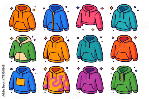 Colorful Hoodie Icons. Warm hoodie. Colorful isometric vector icons set of warm hoodie: oversized hoodie, zip-up hoodie, cropped hoodie, fleece hoodie,