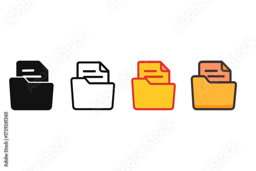 Folder Icon Styles. Vector icon folder documents same pose same proportions four styles black solid glyph outline minimal flat multicolor filled cartoon flat