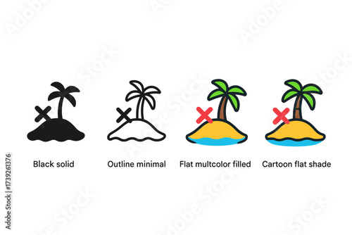 Treasure Map Icon Set. Vector icon island with treasure map X same pose same proportions four styles black solid glyph outline minimal flat multicolor filled