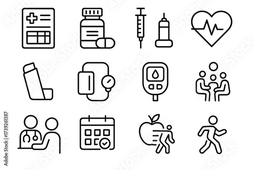 Chronic Disease Icons. Chronic Disease Management. Line icon set of Chronic Disease Management: medical chart, pill bottle, insulin syringe, heart monitor,