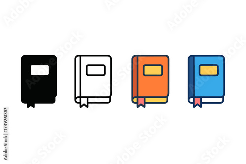 Icon Styles Showcase. Vector icon exercise book same pose same proportions four styles black solid glyph outline minimal flat multicolor filled cartoon flat