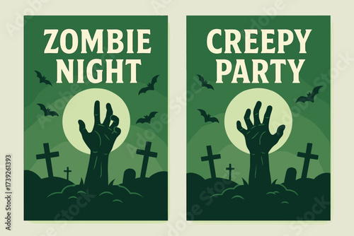Zombie Night Banners. Two vertical A6 banners, flat vector design, green background with zombie hands rising from graveyard, full moon, flying bats, cross