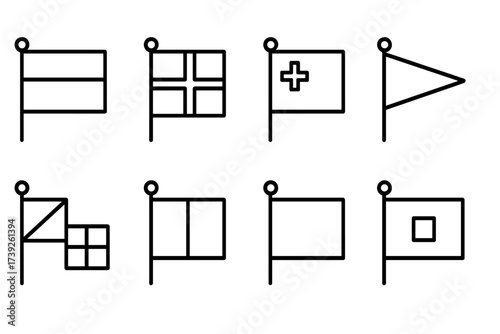 Battleship Flags Icons. Outline icon set of battleship flags: national flag, naval ensign, battle flag, rank pennant, signal flags, code flags, distress flag,