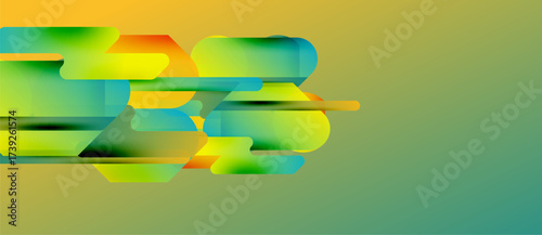 Abstract colorful shapes overlap, creating dynamic visual effect. Gradient hues blend smoothly, forming modern composition.