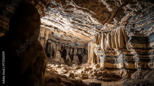 Enchanting cave exploration with stalactite formations and mystical lighting