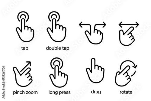 Touch Gesture Icons. Outline icon set of touch gestures: tap, double tap, swipe left, swipe right, pinch zoom, long press, drag, rotate. Line icons in only