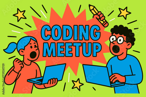 Vibrant Coding Meetup Banner. Coding Meetup banner, flat vector illustration, bold oversized text inside splash explosion, cartoon characters shouting with
