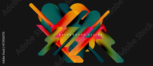 Abstract shapes overlap, creating dynamic composition. Colors blend, forming modern visual experience. Dark background emphasizes vibrant elements.