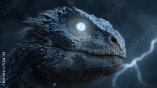 Mythical creature close up with dramatic lighting and storm