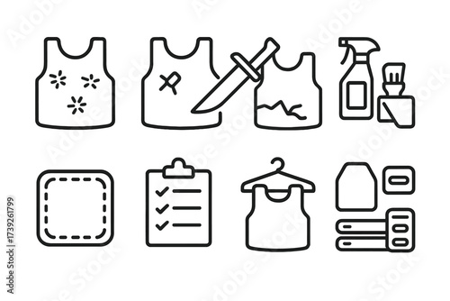 Vest Inspection Icons. Outline icon set of vest inspection: bullet impact, stab test, wear and tear, cleaning kit, repair patch, inspection checklist, vest