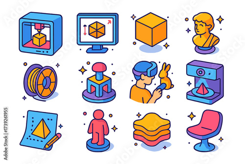 3D Printing Icons Collection. 3D art and printing. Colorful isometric vector icons set of 3D art and printing: 3D printer, CAD software, 3D model, printed