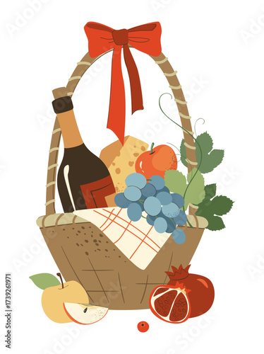 Gift Harvest Thanksgiving basket. Wicker basket present Flat hamper with bow ribbon vector Illustration gift present with fruits food gifts