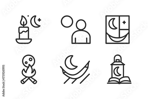 Moonlight Icon Set. Outline icon set of moonlight ambiance: candle lit by moonlight, person gazing at moon, moonlight through window, hammock under moonlight,