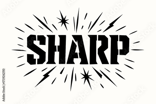 Edgy Stencil Design. Sharp, stencil lettering, edgy block cuts, surrounded by sparks, horizontal balanced layout, clean white background, vector look, high
