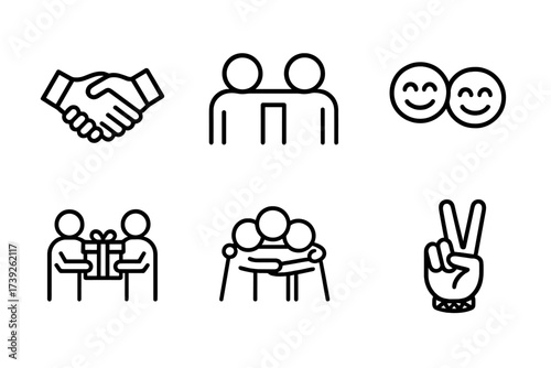 Forever Friendship Icons. Outline icon set of forever friendship: handshake, linked arms, smiling faces, shared coffee, gift exchange, group hug, friendship