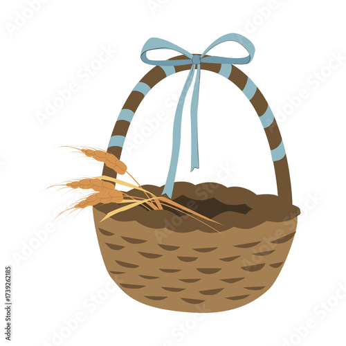 Gift Harvest Thanksgiving basket. Wicker basket present Flat hamper with bow ribbon vector Illustration gift present with fruits food gifts