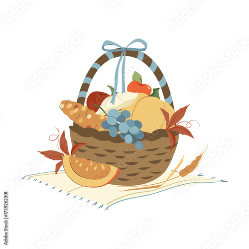 Gift Harvest Thanksgiving basket. Wicker basket present Flat hamper with bow ribbon vector Illustration gift present with fruits food gifts