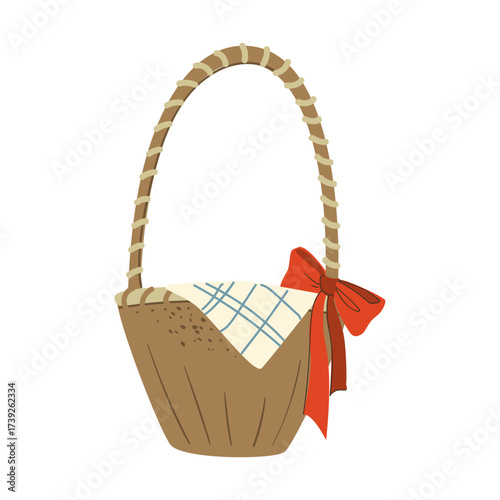 Gift Harvest Thanksgiving basket. Wicker basket present Flat hamper with bow ribbon vector Illustration gift present with fruits food gifts
