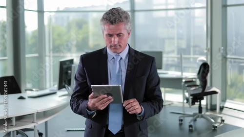Professional Businessman Engaged in Digital Communication in Modern Office Environment Using a Tablet Device for Work-Related Tasks and Activities