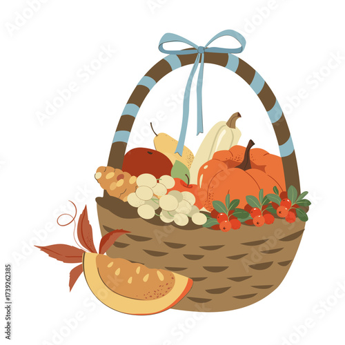 Gift Harvest Thanksgiving basket. Wicker basket present Flat hamper with bow ribbon vector Illustration gift present with fruits food gifts