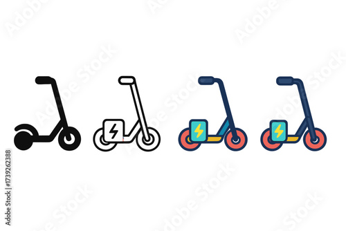 Electric Scooter Icons. Vector icon electric scooter same pose same proportions four styles black solid glyph outline minimal flat multicolor filled cartoon