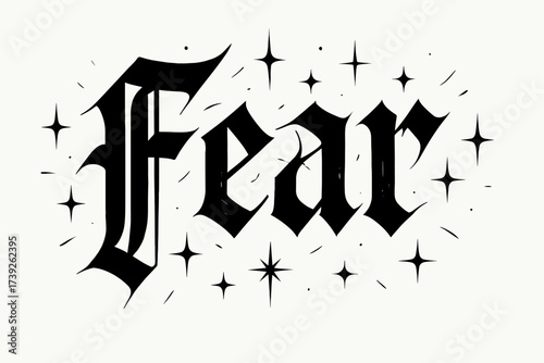 Gothic Calligraphy Sparks. Fear, gothic calligraphy, dark sharp strokes, surrounded by sparks, horizontal balanced layout, clean white background, vector look,