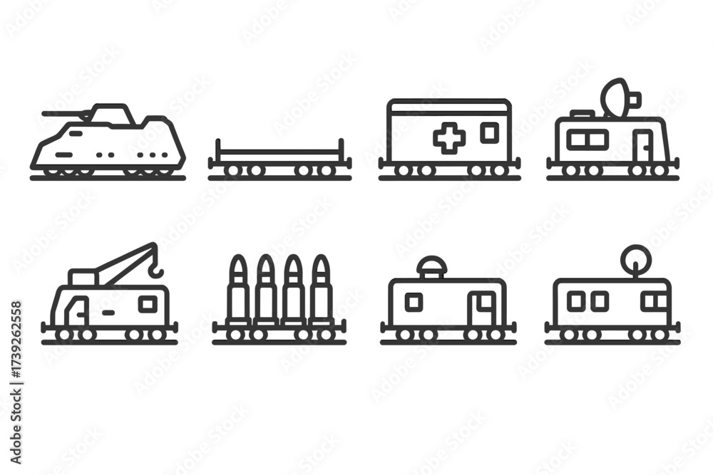 Obraz premium Military Rail Icons. Outline icon set of military rail transport vehicles: armored train, flatbed car, medical wagon, command post car, engineer car,