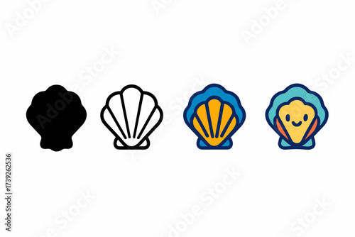 Oyster Shell Icon Styles. Vector icon oyster shell same pose same proportions four styles black solid glyph outline minimal flat multicolor filled cartoon flat