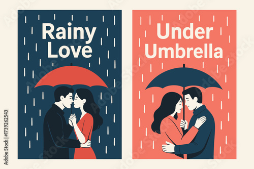 Romantic Rainy Banners. Two vertical A6 banners, flat vector design, navy and coral backgrounds, couple with umbrellas in rain, romantic rainy theme, first