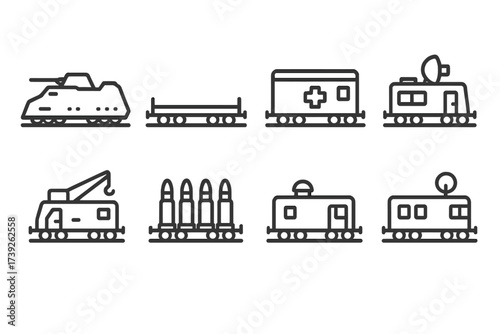 Military Rail Icons. Outline icon set of military rail transport vehicles: armored train, flatbed car, medical wagon, command post car, engineer car,
