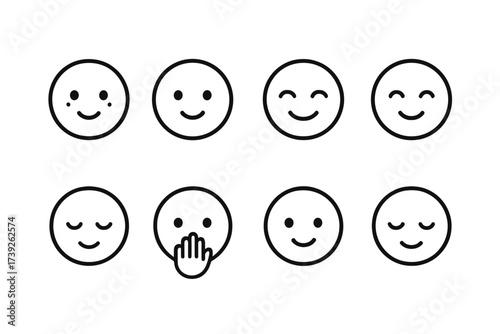 Whisper Expressions Icon Set. Outline icon set of whisper expressions: blushing face, shy smile, quiet laughter, secret smile, lowered gaze, hand over mouth,