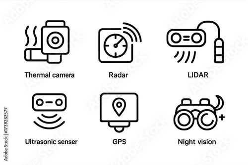 Military Robot Sensors Icons. Outline icon set of military robot sensors: thermal camera, radar, LIDAR, infrared sensor, ultrasonic sensor, GPS, motion