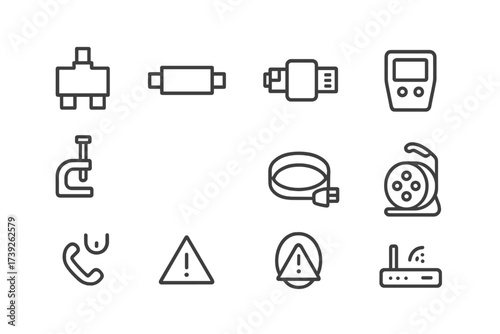 Cable and Router Icons. Outline icon set of cable accessories: cable splitter, cable coupler, cable adapter, cable tester, cable connector, cable clamp, cable