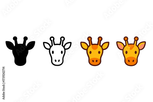 Giraffe Icon Styles. Vector icon giraffe head same pose same proportions four styles black solid glyph outline minimal flat multicolor filled cartoon flat