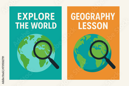 Geography Banners. Two vertical A6 banners, flat vector design, turquoise and orange backgrounds, globe with magnifying glass, geography theme, first banner
