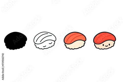 Sushi Icon Styles. Vector icon sushi nigiri same pose same proportions four styles black solid glyph outline minimal flat multicolor filled cartoon flat