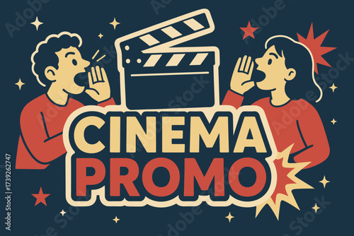 Cinema Promo Extravaganza. Cinema Promo banner, flat vector illustration, bold oversized text inside sticker outline, cartoon characters shouting with clapper