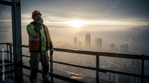 Construction worker observes city skyline at sunrise from skyscraper building site
