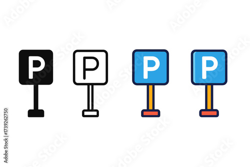 Colorful Parking Icons. Vector icon parking sign same pose same proportions four styles black solid glyph outline minimal flat multicolor filled cartoon flat