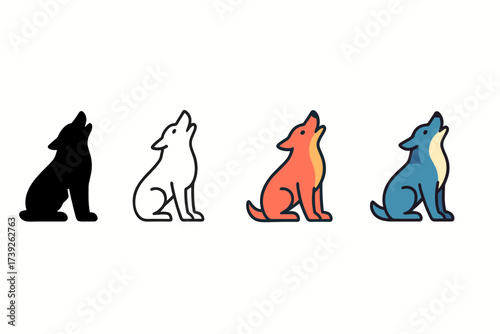 Wolf Icons Collection. Vector icon wolf howling same pose same proportions four styles black solid glyph outline minimal flat multicolor filled cartoon flat