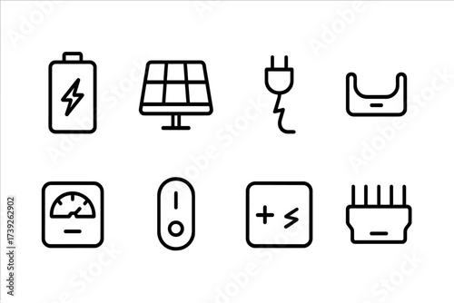Drone Power Icons. Outline icon set of drone power components: lithium battery, solar panel, power cable, charging dock, energy meter, power switch, voltage
