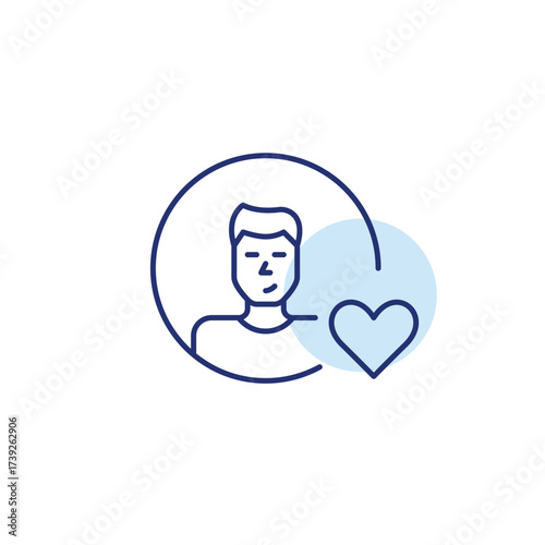 Male user avatar and heart. Customer support online, trusted remote user care, user focused services. Pixel perfect, editable stroke vector icon