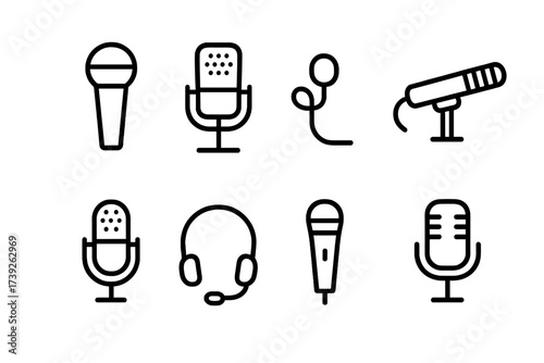 Microphone Icons Set. Outline icon set of microphone types: handheld microphone, condenser microphone, lavalier mic, shotgun microphone, USB microphone,