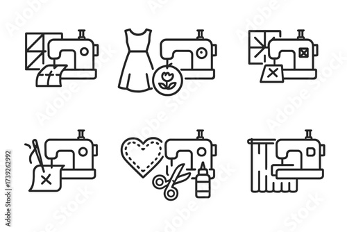 Sewing Project Icons. Outline icon set of sewing machine projects: quilting, garment sewing, embroidery, patchwork, mending, applique, crafting, home decor