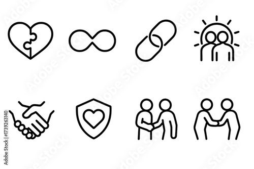 Bond Symbols Icon Set. Outline icon set of emotional bonds: heart puzzle, infinity symbol, linked chains, two souls, glowing aura, connected hands, trust